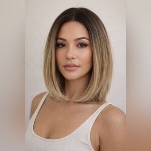 EMMOR 14” Lace Front Heat-Friendly Synthetic Bob Wig Blonde Ombre, Natural Root